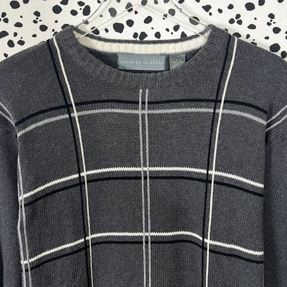 Oscar de la Renta | Men’s Grey Plaid White Grid Cotton Designer Sweater L EUC - Picture 2 of 8